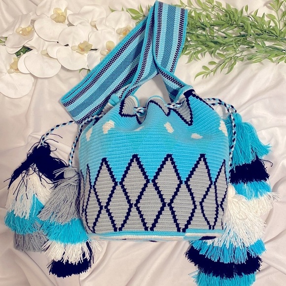 Blue & Grey Tribal Pattern Deluxe Wayuu Double Drawstring Crossbody Mochila Bag - Picture 1 of 11